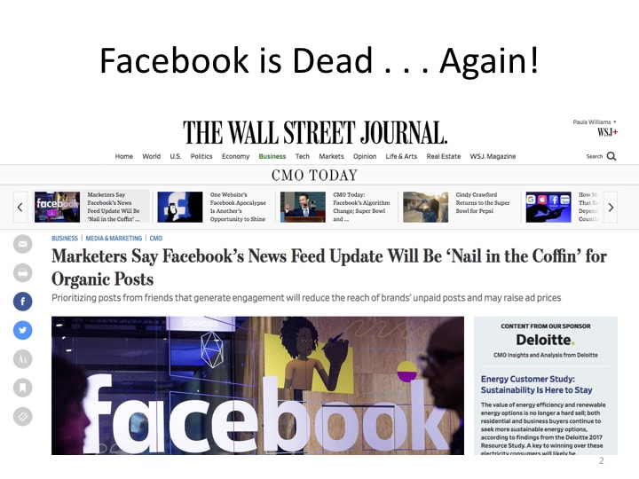 WSJ reports that Facebooks News Feed Update will be a "nail in the coffin" for organic posts